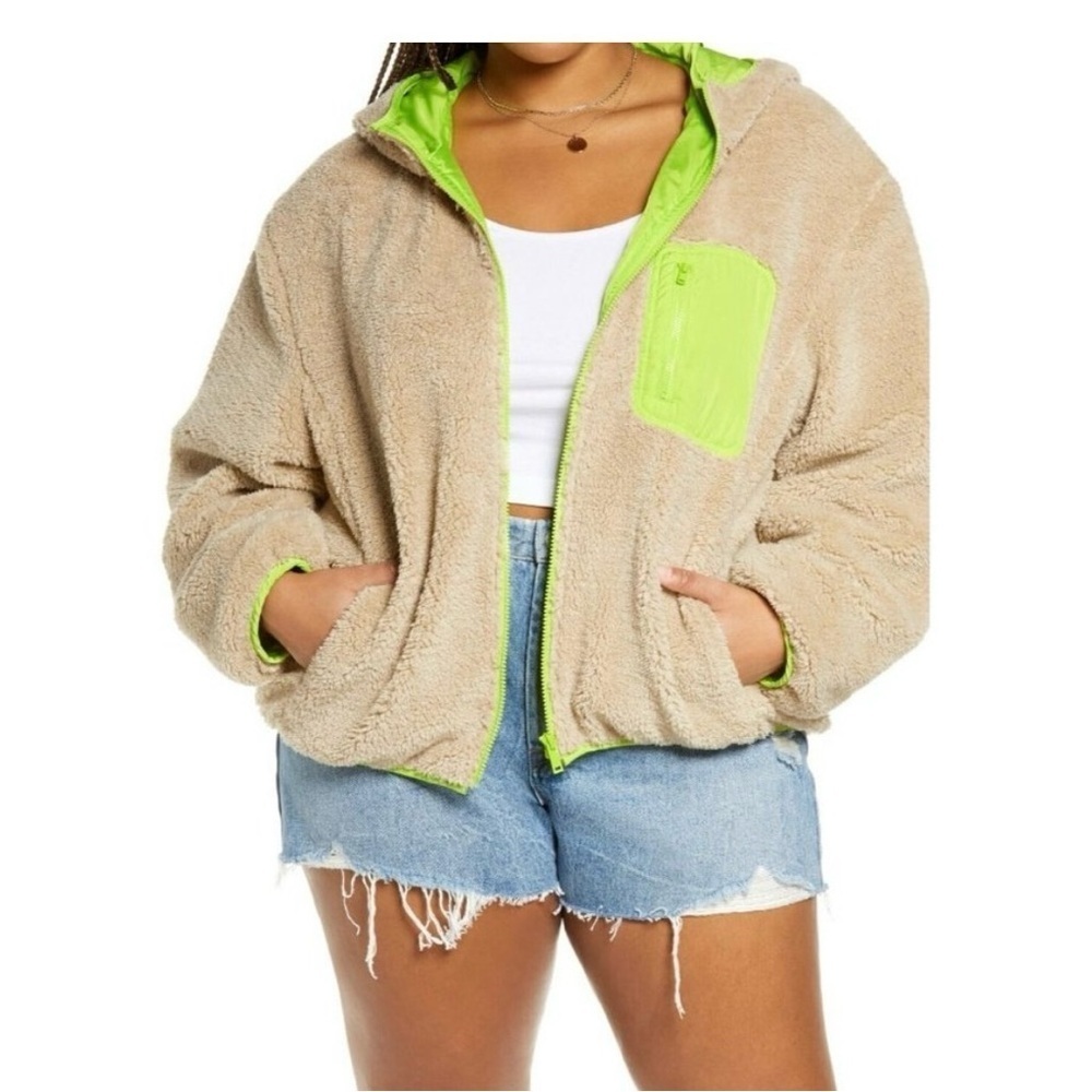 bp Beige Sherpa Bomber Jacket with Lime Trim